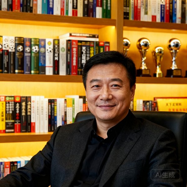 天下足球网创始人陈志远在北京总部办公室中的半身肖像照，背景是满墙的足球书籍和奖杯